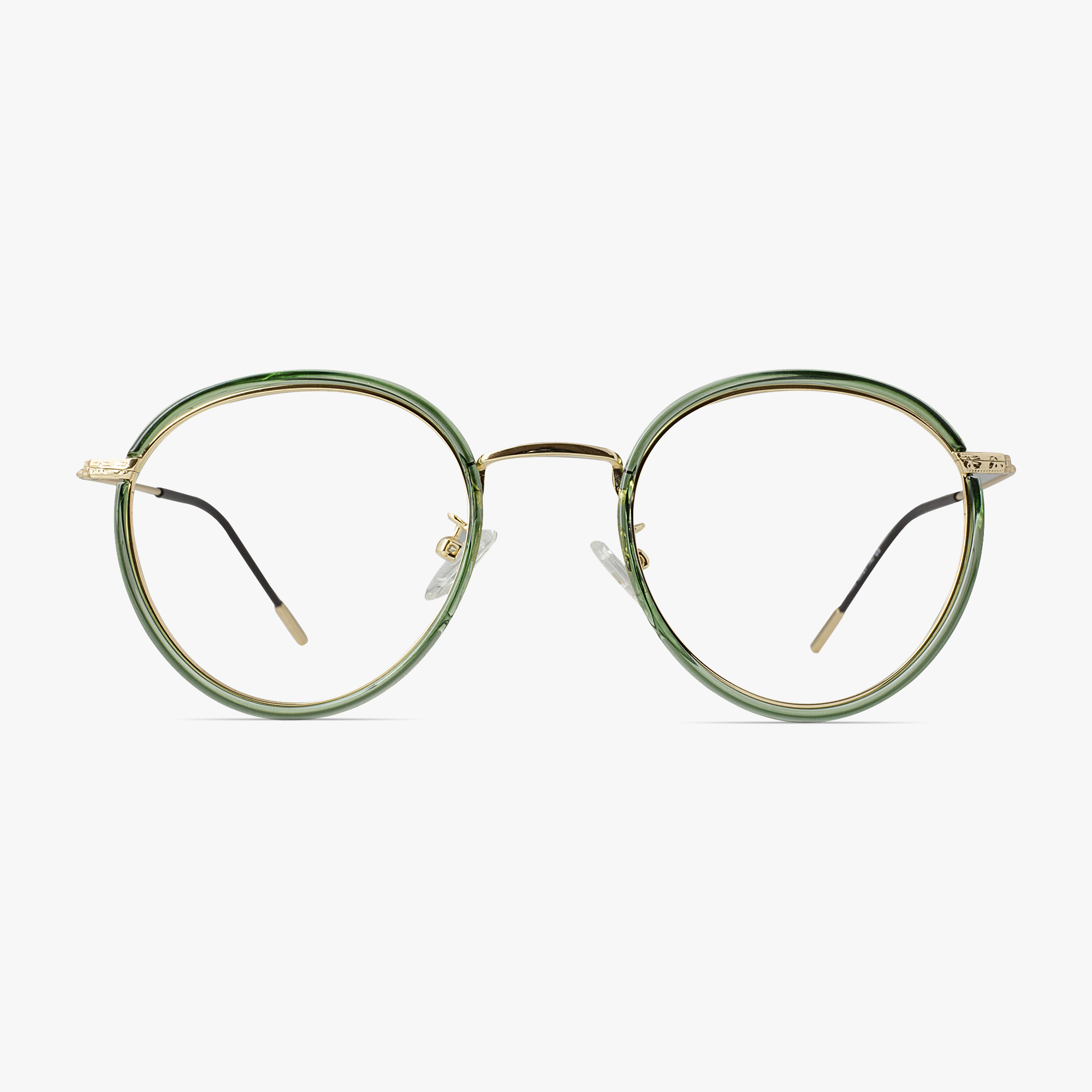 March Round Gold Metal Glasses with Green Overlay for Men and Women from Framesfoundry - Front View